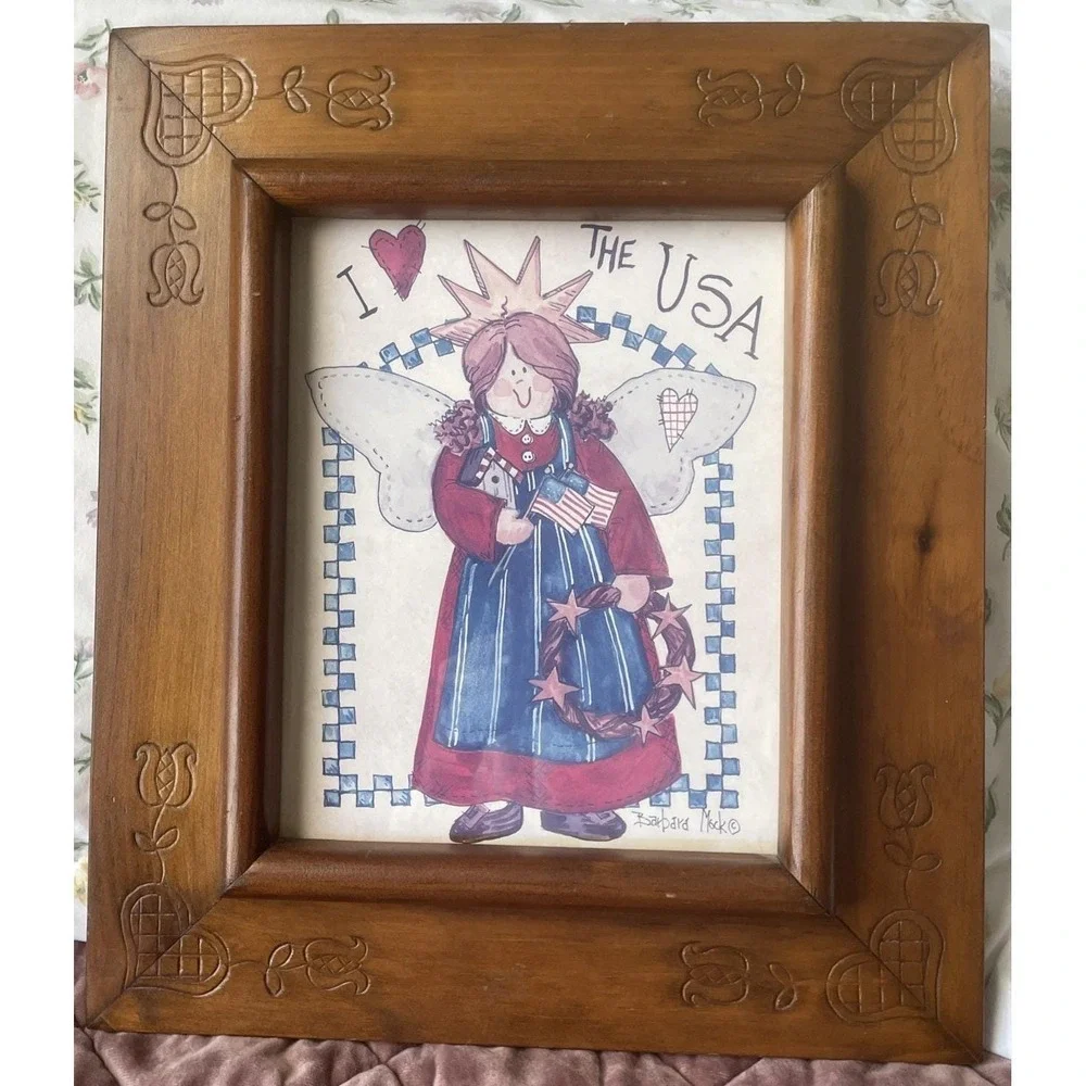 Vintage Wood Picture Frame Hand Carved Hearts Tulips Patriotic B Mack Print